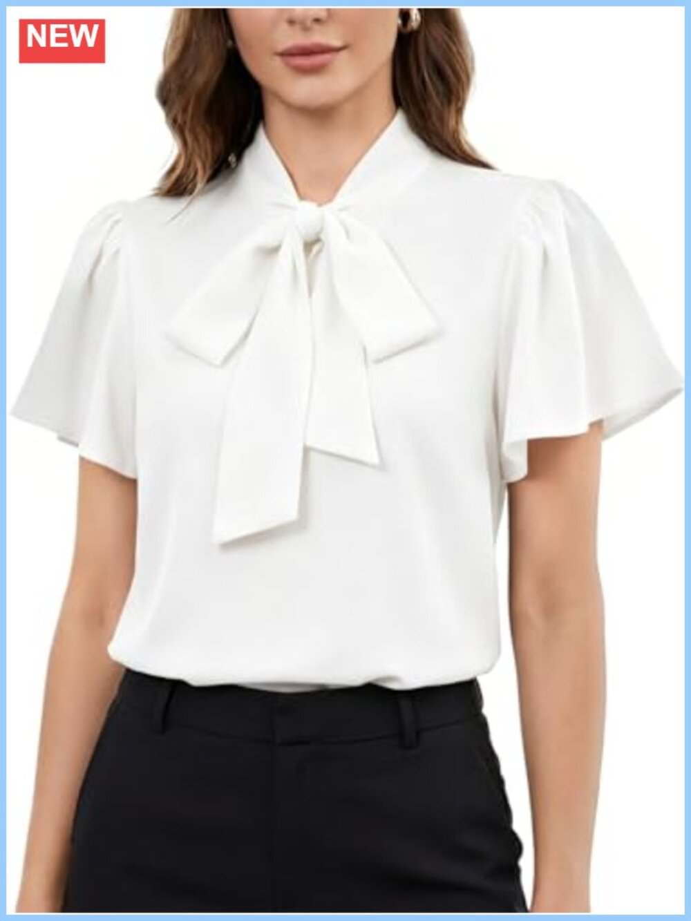 Womens Bow Tie Neck Blouse Ruffle Short Sleeve Work Shirt Top